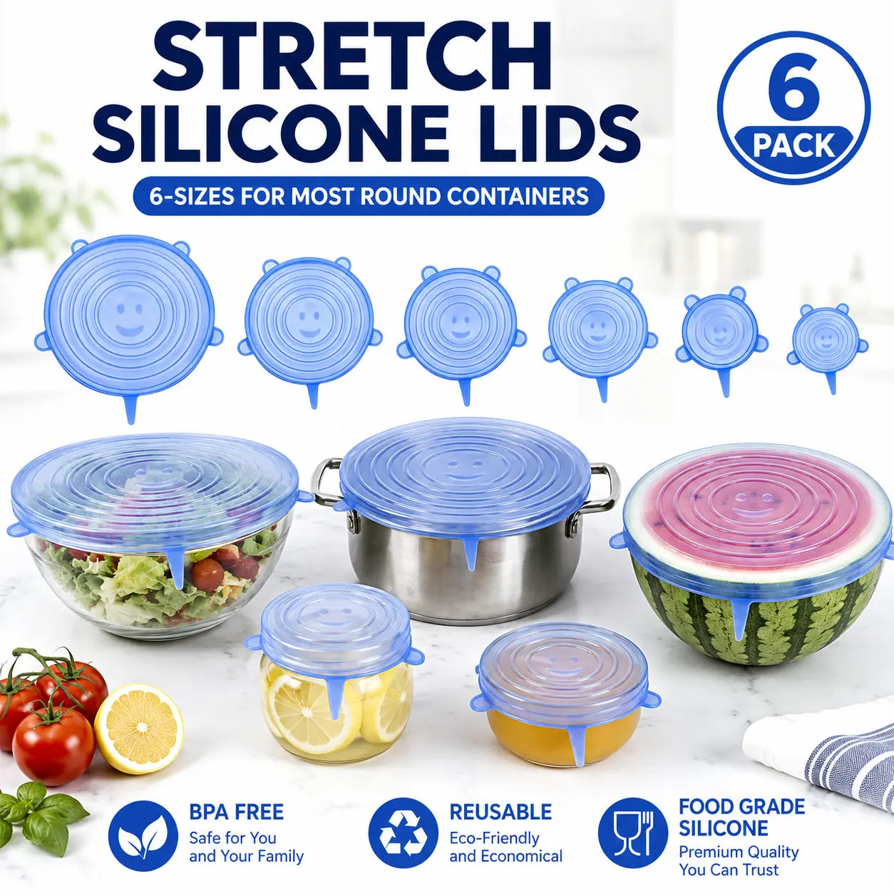 6 PCS Silicone Stretch Lids – Reusable Food Covers for Bowls, Pots, Cups & Fresh Food Storage🦉