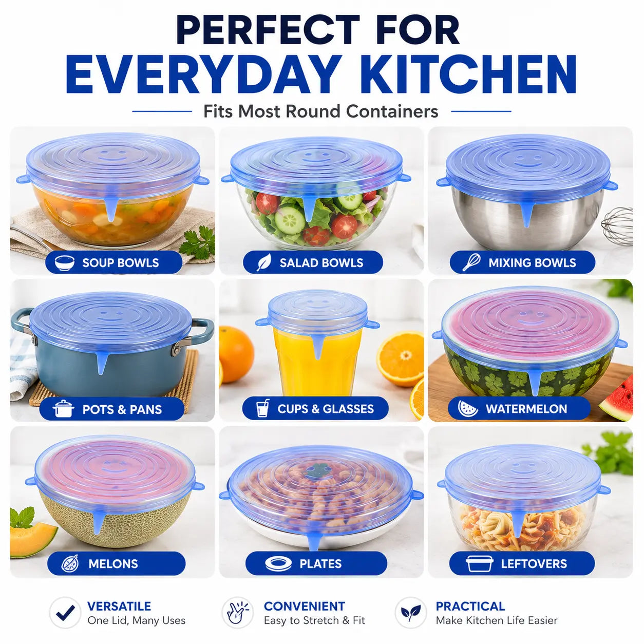 6 PCS Silicone Stretch Lids – Reusable Food Covers for Bowls, Pots, Cups & Fresh Food Storage🐏