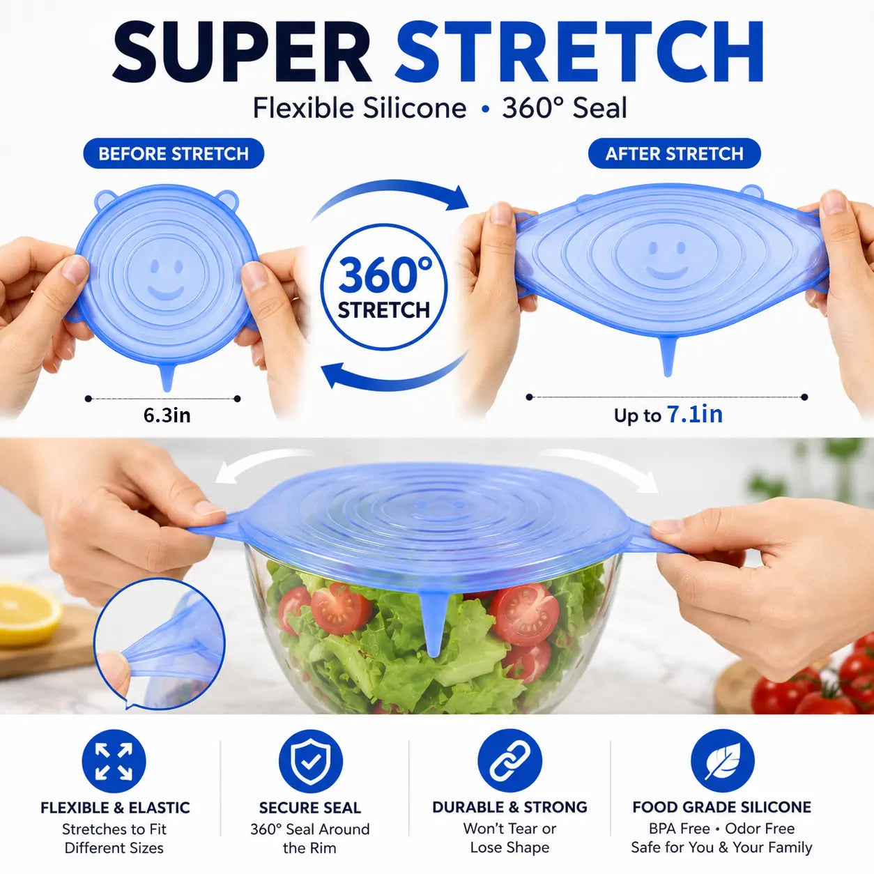6 PCS Silicone Stretch Lids – Reusable Food Covers for Bowls, Pots, Cups & Fresh Food Storage🦉